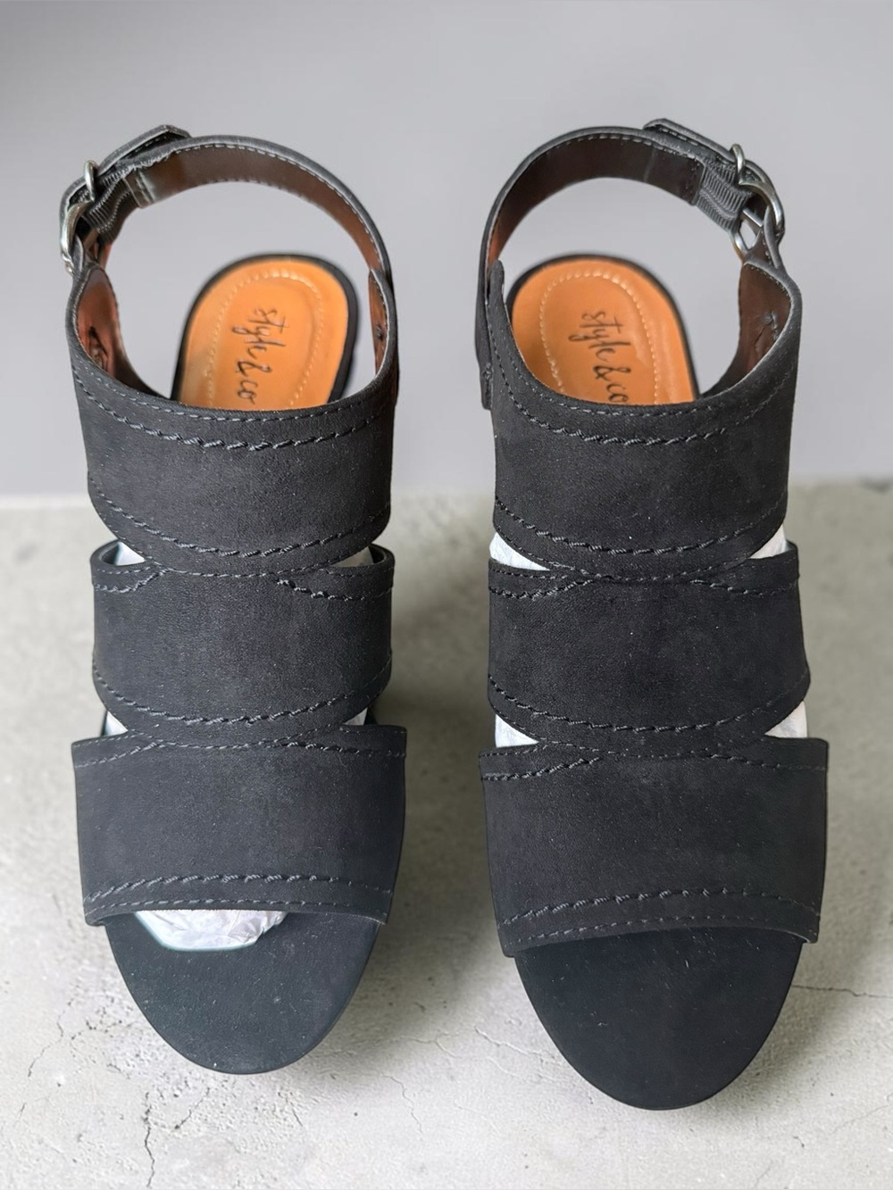 New in Box Style & Co. Hosper Black Suede Open Toe Cut out, Size 6